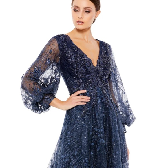NWT MAC DUGGAL EMBELLISHED PLUNGE NECK PUFF SLEEVE A LINE GOWN 20283 - Picture 2 of 16
